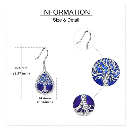 925 Sterling Silver Blue & Purple Enamel Celtic Tree Of Life Drop Dangle Hook Earrings For Women  4cm Long
