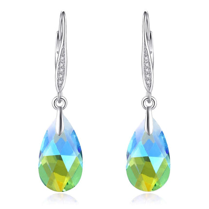925 Sterling Silver Teardrop Purple Blue Aurora Borealis Crystals Leverback Earrings
