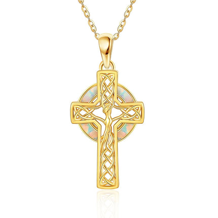 14K Gold Celtic Knot Opal Cross Pendant Necklace for Women