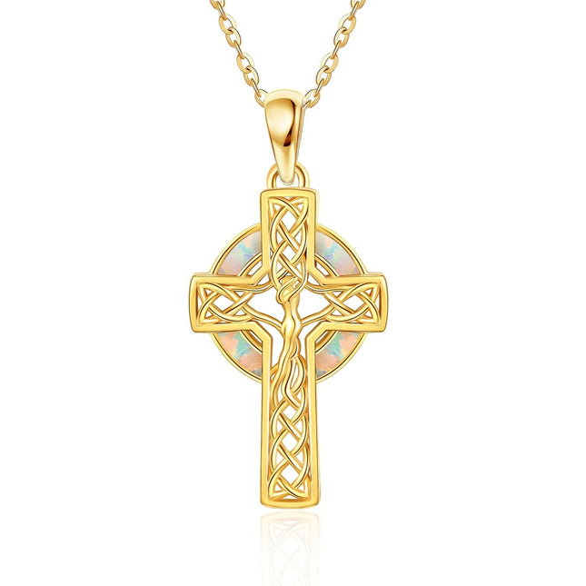 14K Gold Celtic Knot Opal Cross Pendant Necklace for Women