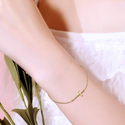 14k Gold Sideways Faith Cross Bracelet for Women Adjustable Chain 6.5 - 8.5