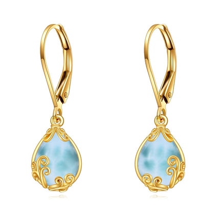 14K Gold Teardrop Larimar Leverback Earrings for Women's Fashion s