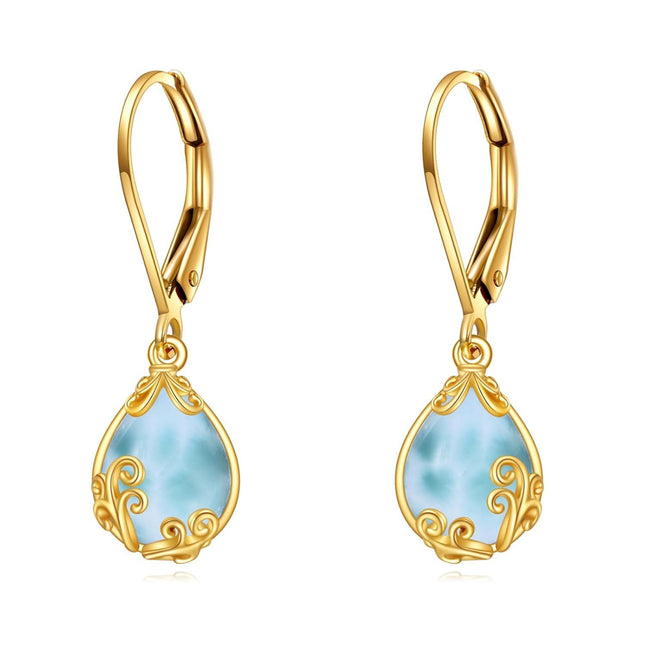 14K Gold Teardrop Larimar Leverback Earrings for Women's Fashion s