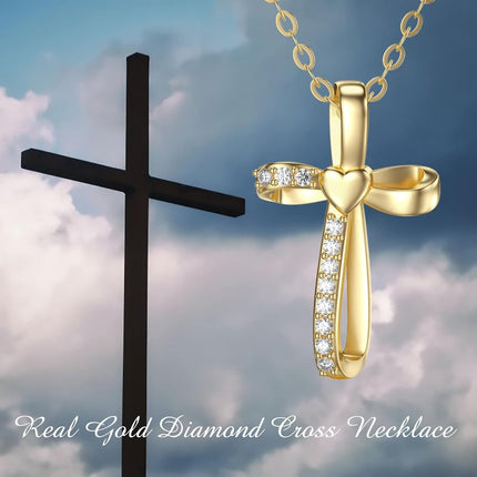 14K Gold Heart-Shaped Diamond Cross Pendant Necklace for Women Girls Faith s 17-39 Inches Adjustable Chain Length