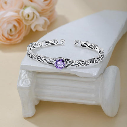 925 Sterling Silver & Natural Amethyst Vine Leaf Wrap Boho Bracelet for Women, Healing Stone Jewelry Gift, 6-7.5 Adjustable