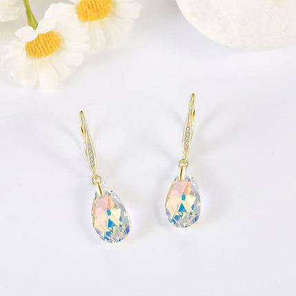 925 Sterling Silver Teardrop Purple Blue Aurora Borealis Crystals Leverback Earrings