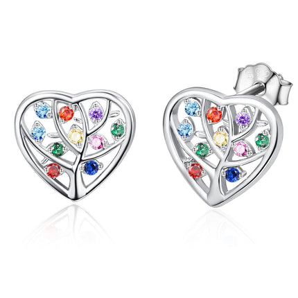 925 Sterling Silver Multicolor CZ Heart Tree of Life Stud Earrings for Women