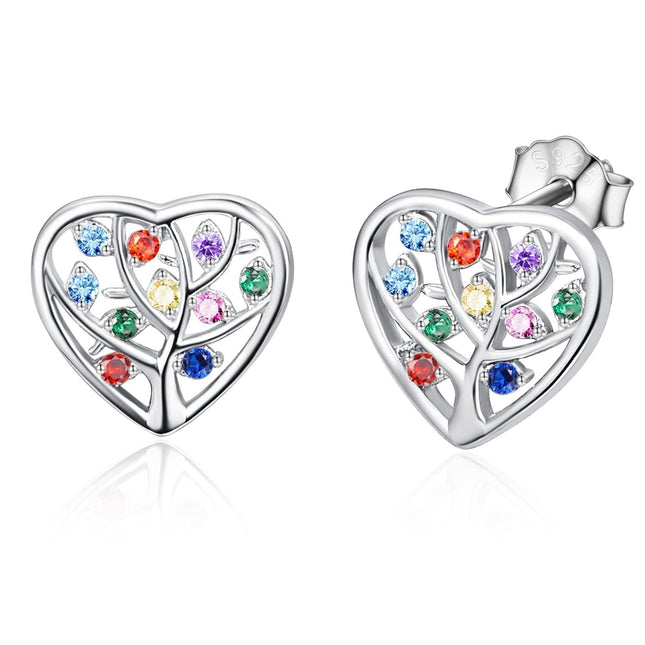 925 Sterling Silver Multicolor CZ Heart Tree of Life Stud Earrings for Women