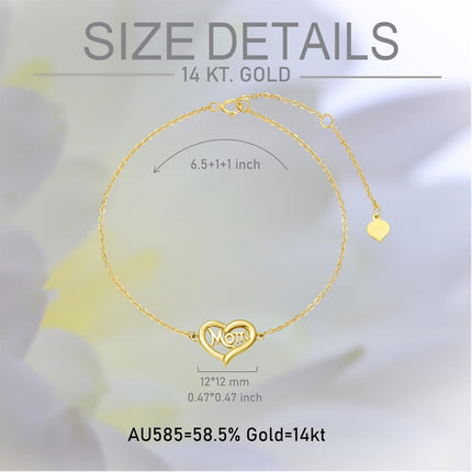 14K Gold Mom Heart Charm Bracelet for Women & Grandmas
