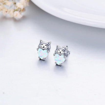 925 Sterling Silver Heart-Shaped Opal Cat Stud Earrings - Adorable Kitty  for Her