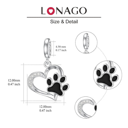 925 Sterling Silver & CZ Dog Paw Print Charm for Bracelet - Hypoallergenic Gift for Her, Mom, Wife - Valentine's, Mother's Day, Christmas