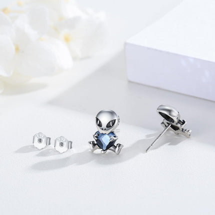 925 Sterling Silver Blue Heart Alien Stud Earrings for Women Girls