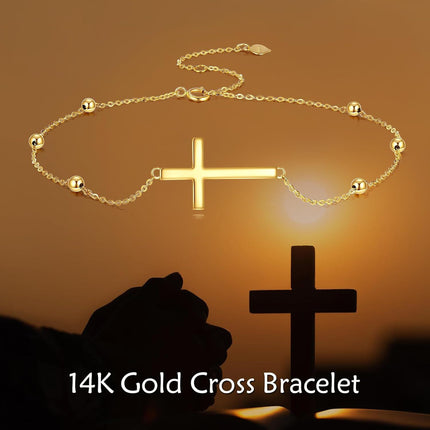 14k Gold Religious Cross Bracelet for Women Adjustable Link Chain