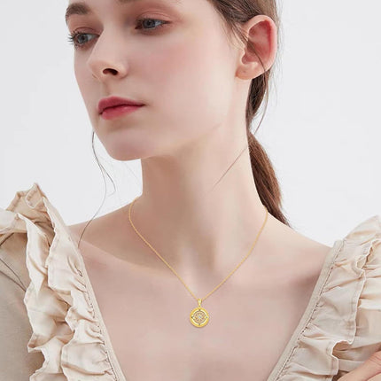 14K Gold Compass Pendant Necklace with Diamond Accent and Moon Phase Design for Women (Length: 36)