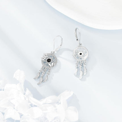 925 Sterling Silver Black Onyx Butterfly Feather Dreamcatcher Drop Earrings for Women's Gifts