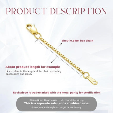 14k Gold Durable Removable Extension Chain for Necklaces and Bracelets 1/1.5/2/3/4/5 Lengths
