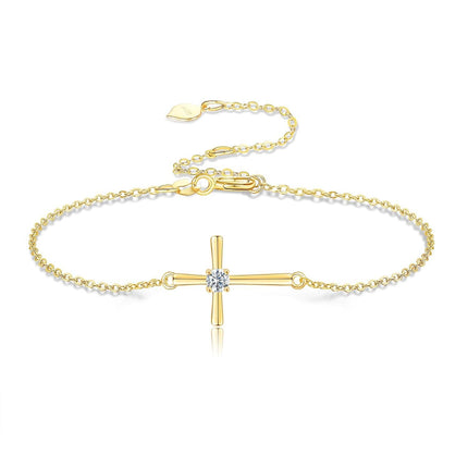 14K Gold Sideways Cross Charm Bracelet with Diamond Accent for Women - Religious