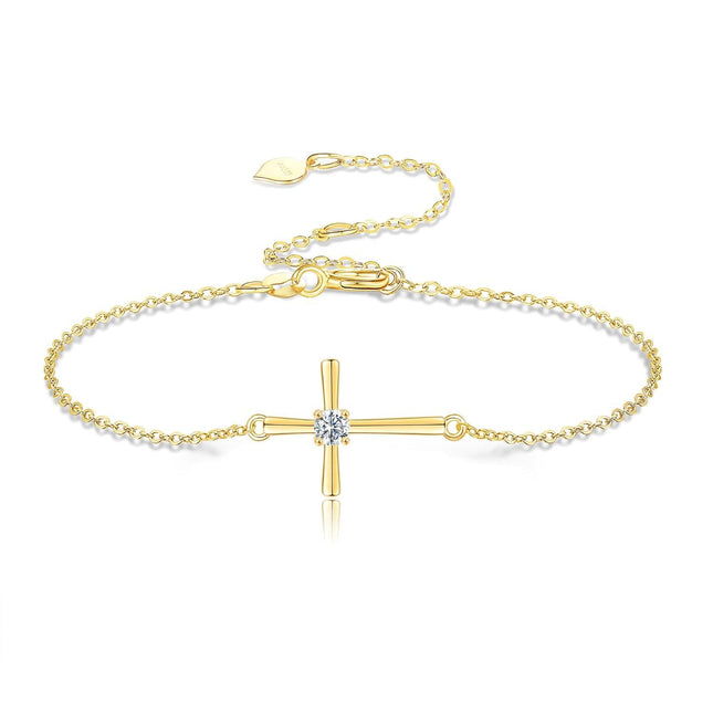14K Gold Sideways Cross Charm Bracelet with Diamond Accent for Women - Religious