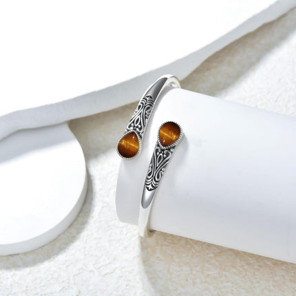 925 Sterling Silver Black Onyx Gemstone Adjustable Bohemian Cuff Bracelet