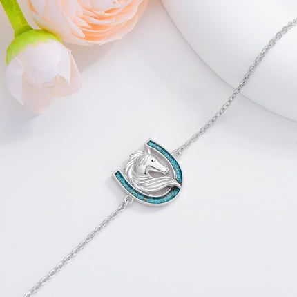 925 Sterling Silver Horse Head & Turquoise Inlay Horseshoe Charm Bracelet for Women