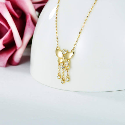 14K Yellow Gold White Moissanite Butterfly Heart Pendant Necklace, Elegant Adjustable Chain, Gift for Women, Wife, Mother, 16 Stones