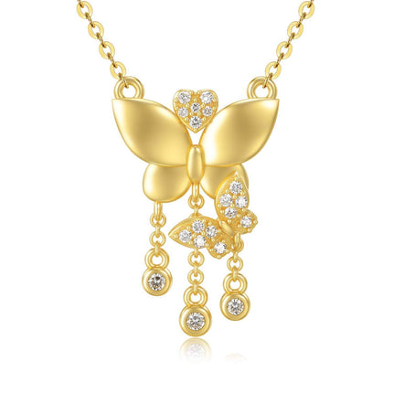 14K Yellow Gold White Moissanite Butterfly Heart Pendant Necklace, Elegant Adjustable Chain, Gift for Women, Wife, Mother, 16 Stones