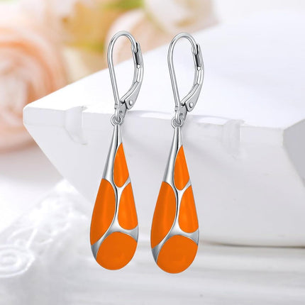 925 Sterling Silver Orange Enamel Teardrop Leverback Earrings for Women