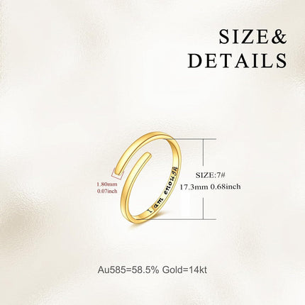 14K Gold Just Breathe Inspirational Adjustable Ring - Birthday Gift for Women