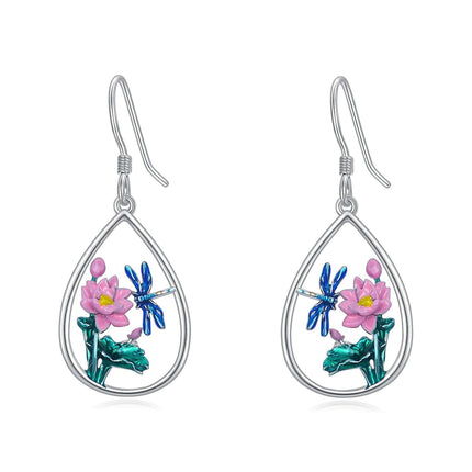 925 Sterling Silver Dragonfly Lotus Flower Teardrop Drop Earrings for Women