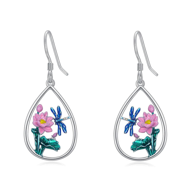 925 Sterling Silver Dragonfly Lotus Flower Teardrop Drop Earrings for Women