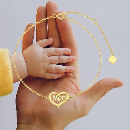 14K Gold Mom Heart Charm Bracelet for Women & Grandmas