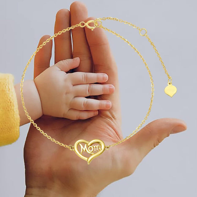 14K Gold Mom Heart Charm Bracelet for Women & Grandmas