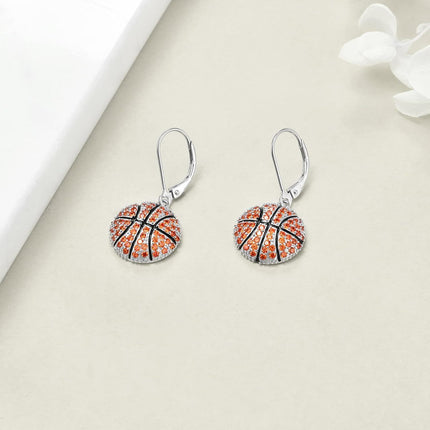 925 Sterling Silver Basketball Dangle Earrings with Orange Crystal Accents for Sport Lovers Gift