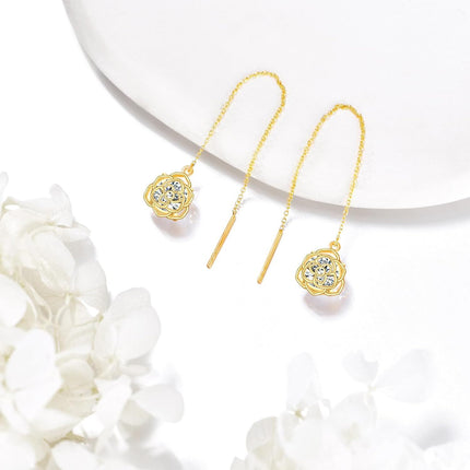 14K Gold  Flower Shape Crystal Threader Earrings for Women