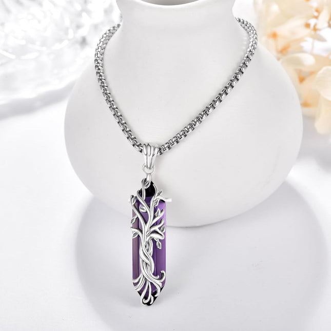 925 Sterling Silver Purple Amethyst Natural Stone Healing Crystal Tree of Life Pendant Necklace