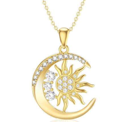 14K Yellow Gold Moon Sun Pendant Necklace for Women Jewelry Gifts