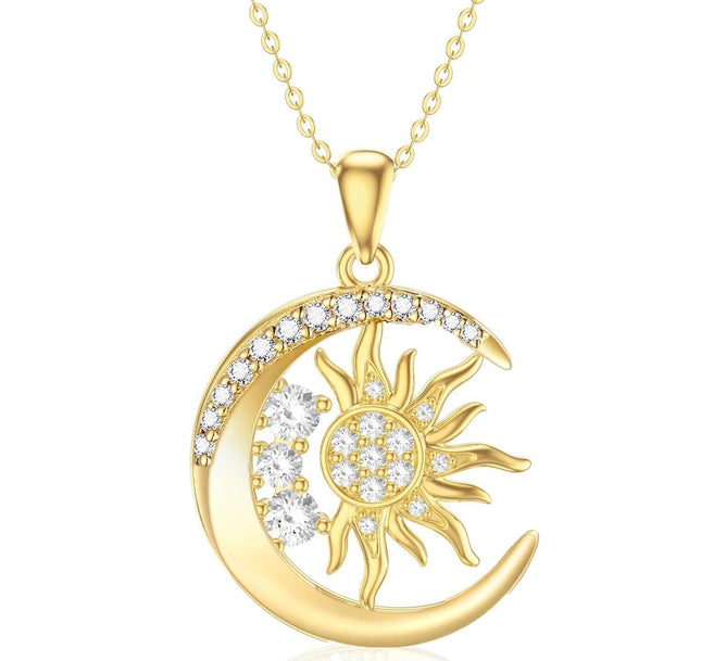 14K Yellow Gold Moon Sun Pendant Necklace for Women Jewelry Gifts