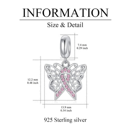 Sterling Silver & Pink Austrian Crystals Butterfly Pink Ribbon Charm for Pandora Bracelets 12.2x13.9mm