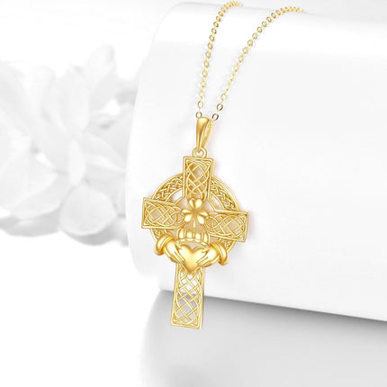 14K Gold Claddagh Celtic Knot Cross Pendant Necklace Religious s for Men & Women