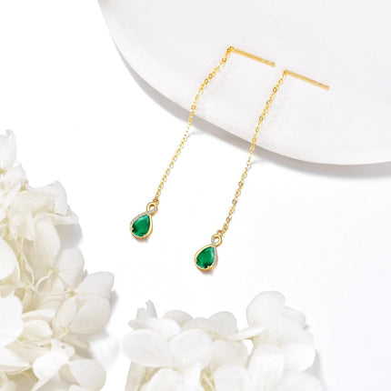 14K Gold Infinity Teardrop Emerald Threader Earrings for Women - 23rd Anniversary Gifts for Her
