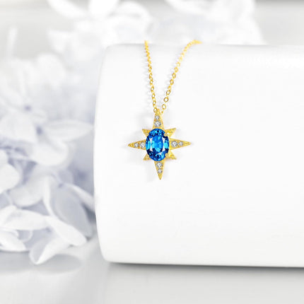 14K Gold Blue Topaz Star Pendant Necklace for Women Birthdays Gifts