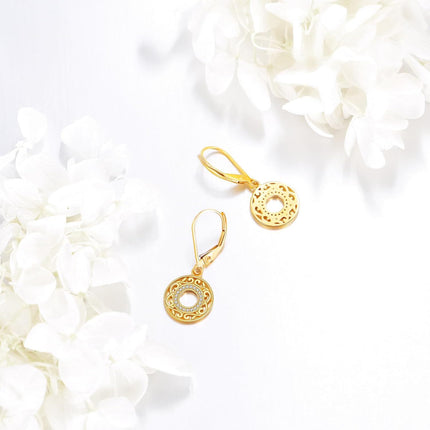 14k Gold Round Hollow Out Flower Shape Crystal Leverback Earrings for Women Girls
