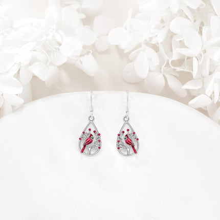 925 Sterling Silver Cardinal Bird Tree Branch Drop Earrings with Red Enamel and Crystal Accents for Women
