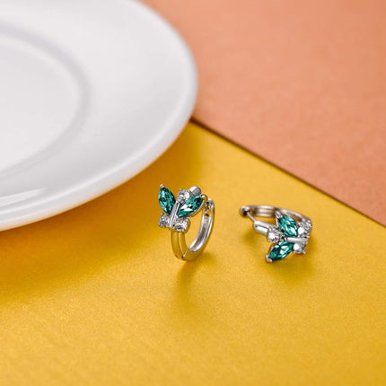 925 Sterling Silver Blue Simulated Aquamarine Crystal Butterfly Huggie Earrings