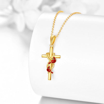 14K Gold Cross with Red Birds and Knot Design Pendant Necklace for Women Gifts