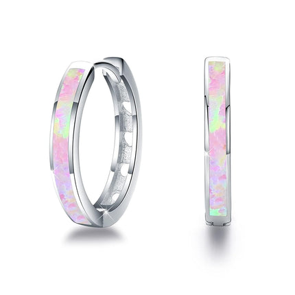 925 Sterling Silver Simulated Opal Hoop Earrings for Women Hypoallergenic Huggie Hinged Hoops Colorful Jewelry Gift