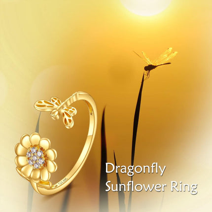 14K Gold Adjustable Bee and Daisy Flower Open Ring  for Women Her