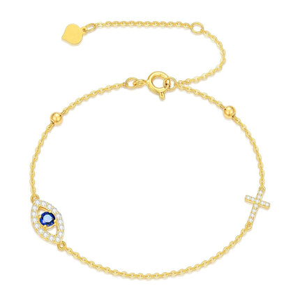 14K Gold Cross & Heart Charm Evil Eye Adjustable Bracelet (Size: S/M/L/XL)