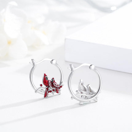 925 Sterling Silver Cardinal Bird Red Enamel Branches Huggie Hoop Earrings