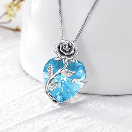 925 Sterling Silver Crystal Rose Flower Heart Pendant Necklace